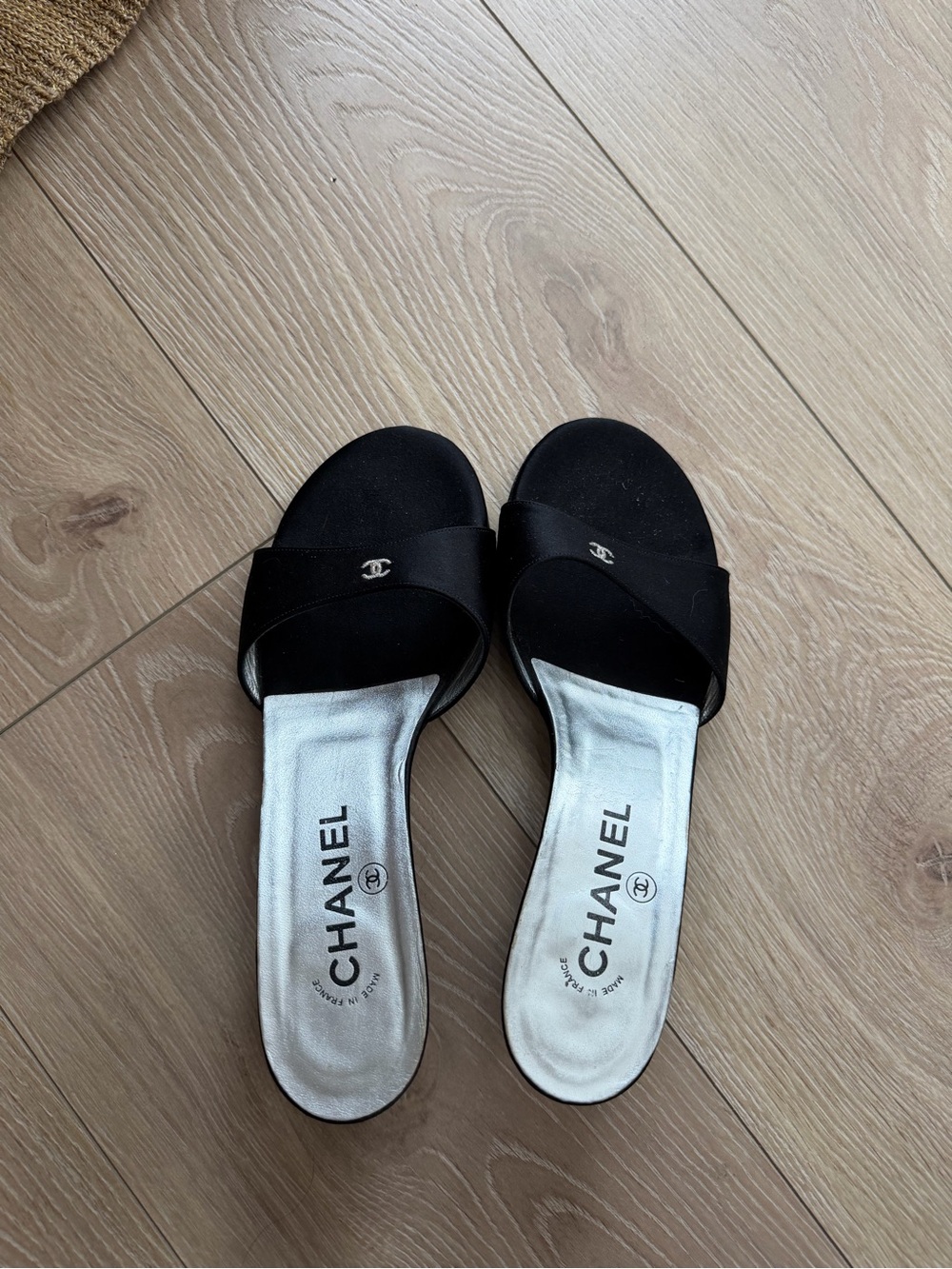 CHANEL Black Slide Sandals with Silver CC Logo